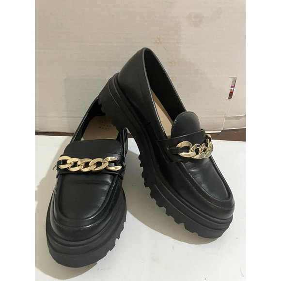 A New Day Women's Size 7.5 Black  Gold Chain chunky Platform Loafers shoes - Picture 2 of 8